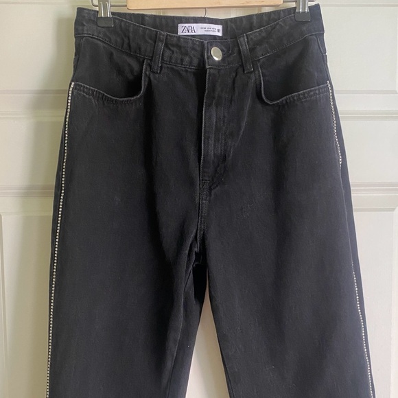 ZARA Side Rhinestone Embellished Black Jeans Frayed Hem Size 8 US - Picture 4 of 16